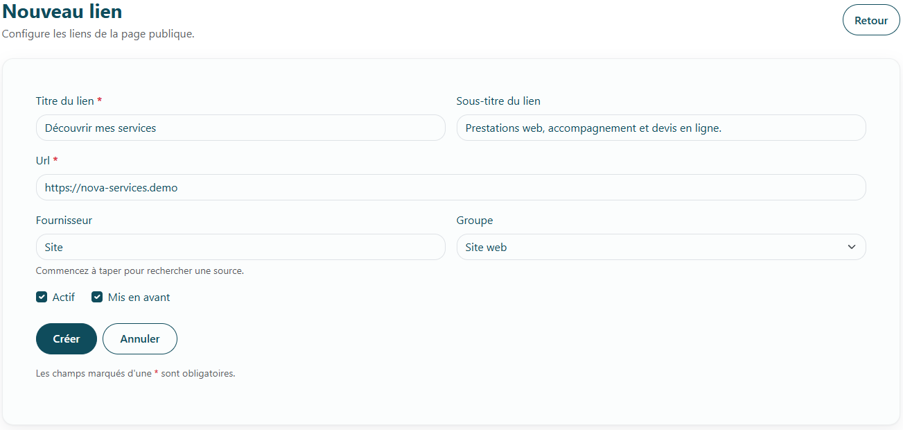 Capture de l’éditeur de lien Hublien avec les champs titre, URL, description, source, groupe et option de mise en avant.