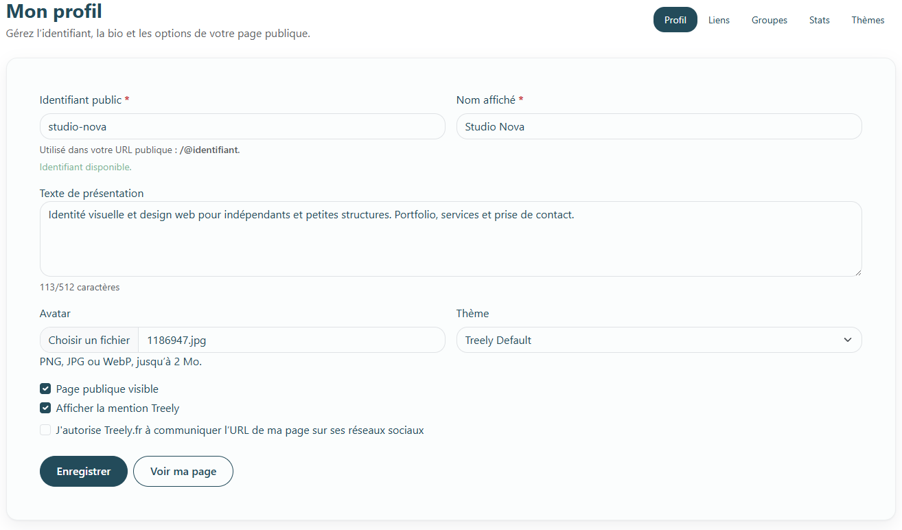 Capture du tableau de bord Hublien : zone profil, gestion des liens, source, groupe, thèmes et accès aux statistiques